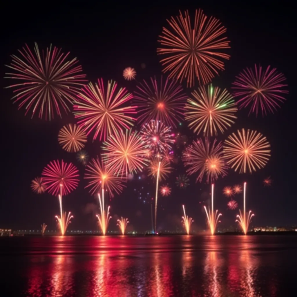 A breathtaking night scene of fireworks exploding in various colors and shapes against a dark sky. The fireworks are arranged in a specific pattern and the reflection of the lights can be seen on the water below. The image should be filled with bright colors and dazzling light effects.