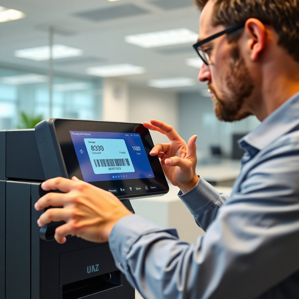 A close-up photorealistic image of a user easily interacting with the intuitive interface of a barcode printing system.  The image should clearly show the screen and controls, highlighting ease of use and a clean, modern design. The user should appear relaxed and confident while using the system. The background should be a clean and professional office setting.