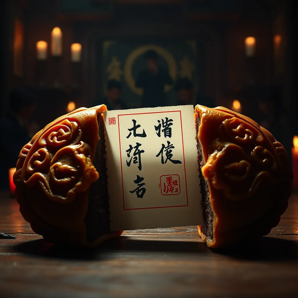 A close-up shot of a traditional Chinese mooncake, split open to reveal a hidden message written on a small piece of paper. The message is written in elegant calligraphy, with a red seal stamped on the paper. The background is a dark, mysterious room lit by candlelight, with a group of people in the shadows whispering conspiratorially.