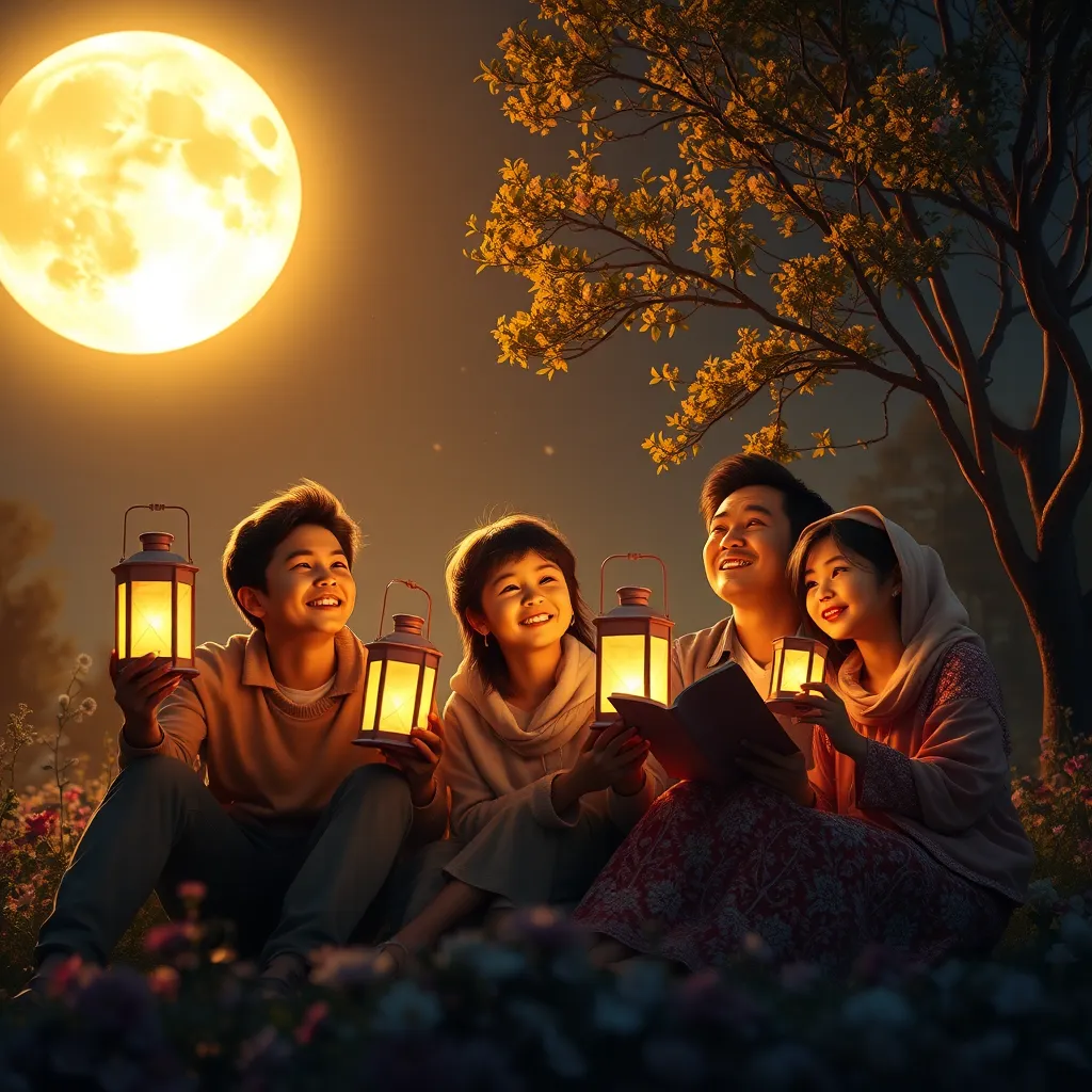 A family sitting together under a bright, full moon, looking up at the moon with smiles on their faces, holding lanterns and sharing stories. The moon is full and bright, casting a warm, golden glow on the scene. The family is surrounded by flowers, trees, and a soft, ethereal light. 