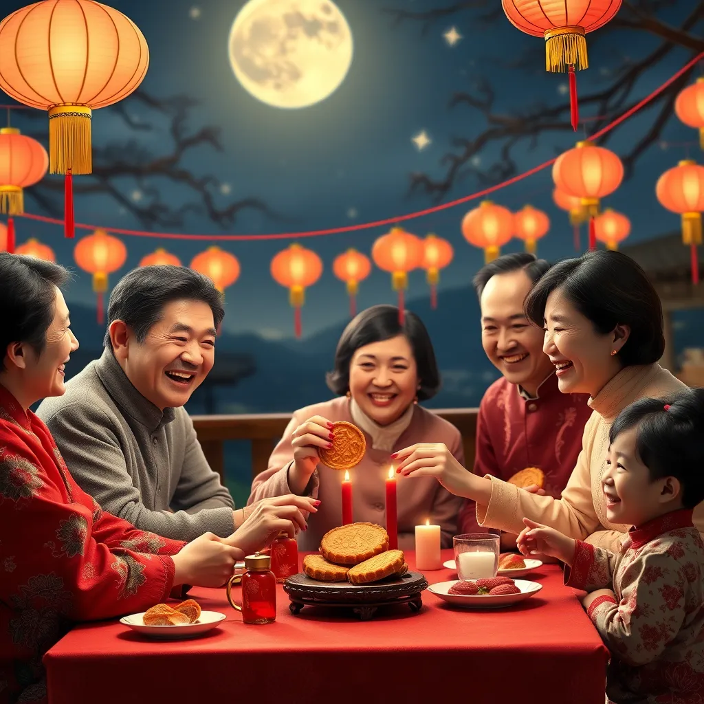 A festive scene of a Chinese family gathered around a table, sharing a mooncake and enjoying a moon festival celebration. The background should show a beautiful, moonlit night sky with lanterns hanging in the air. The family should be smiling and laughing, embodying the spirit of unity and hope symbolized by the mooncake.