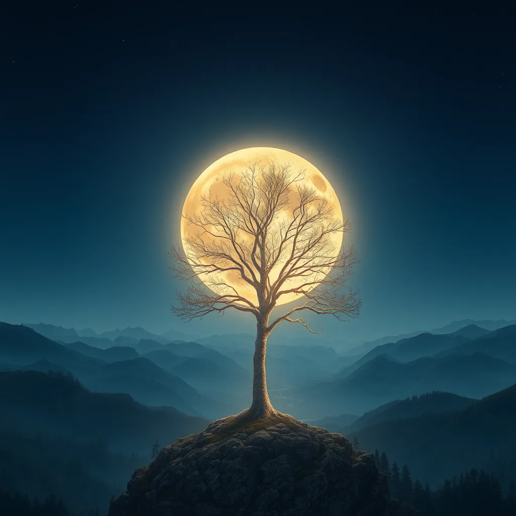 A full moon hanging in a clear night sky, with a glowing silver tree standing tall on its surface. The tree is surrounded by a beautiful landscape with mountains, rivers, and forests. The moon is radiating a soft, warm light, creating a peaceful and magical atmosphere. The image should be detailed and photorealistic, capturing the beauty and mystique of the story.