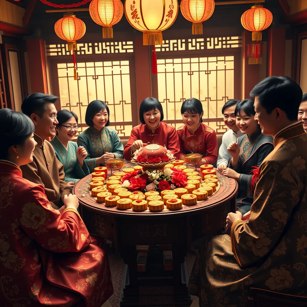 A group of people, dressed in traditional Chinese clothing, gathered around a table, enjoying a variety of delicious mooncakes. The mooncakes are arranged in a beautiful pattern on a platter, and the table is adorned with beautiful flowers and lanterns. The scene should be filled with warmth, laughter, and a sense of community.