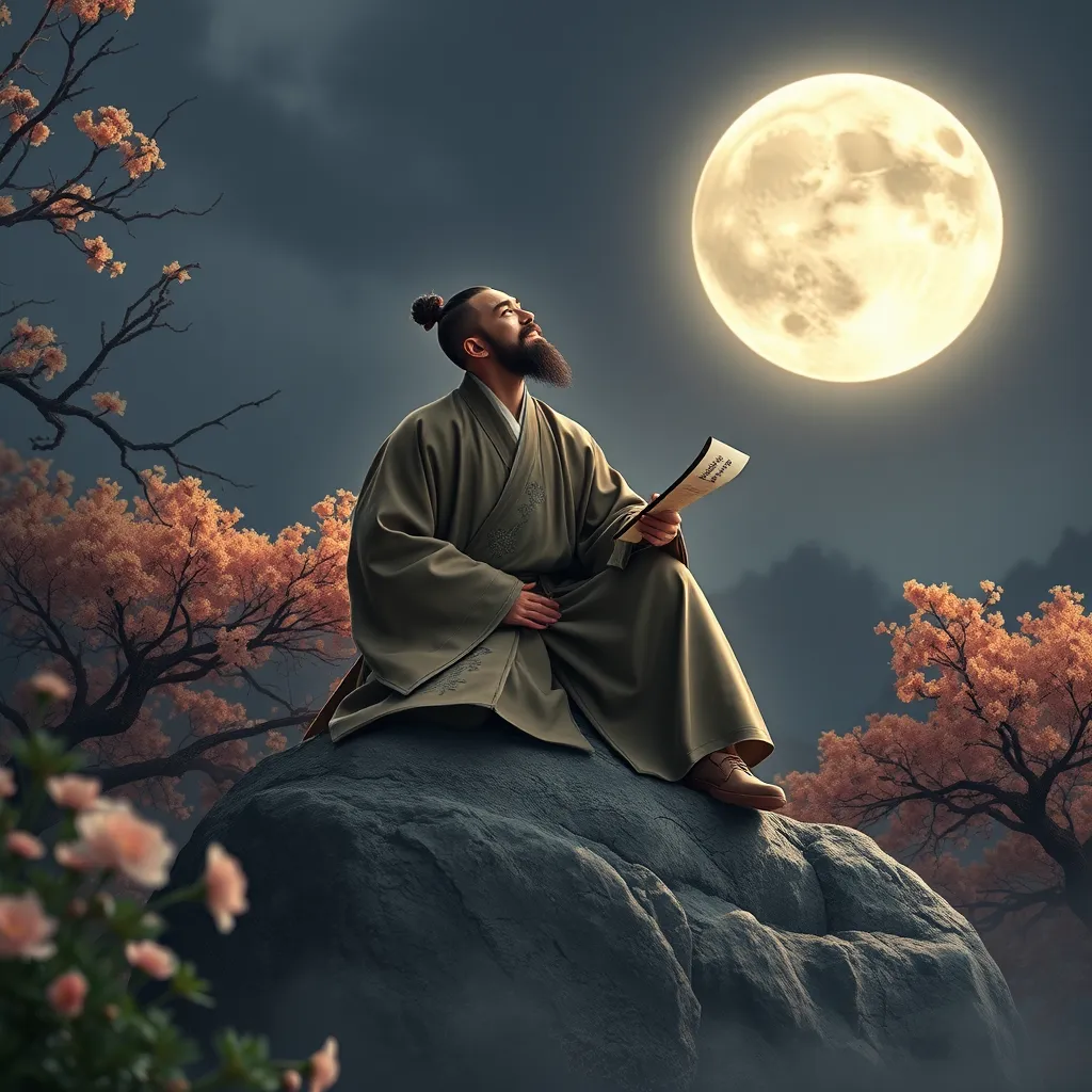A man in traditional Chinese clothing sits on a rock beneath a full moon, surrounded by trees and flowers. He is holding a brush and a scroll, and he is looking up at the moon with a thoughtful expression. The scene is illuminated by moonlight, and the image is filled with a sense of peace and tranquility.