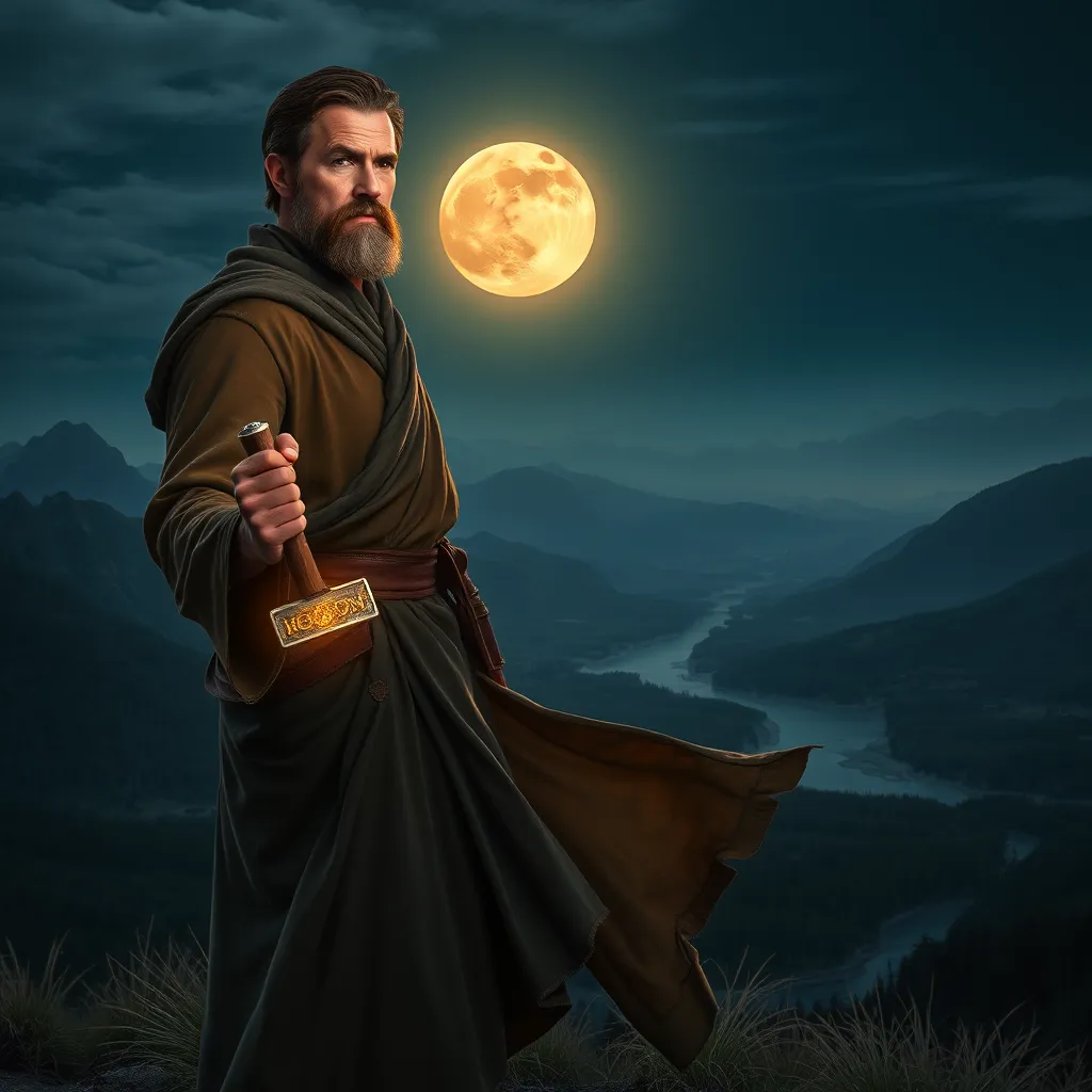 A man with a determined expression, dressed in a flowing robe, is standing on a hill overlooking a beautiful moonlit landscape. He is holding a small, glowing axe, representing hope and determination. The moonlight is casting a warm glow on his face, highlighting the resilience of his spirit. The landscape is a mix of mountains, rivers, and forests, creating a sense of vastness and beauty.