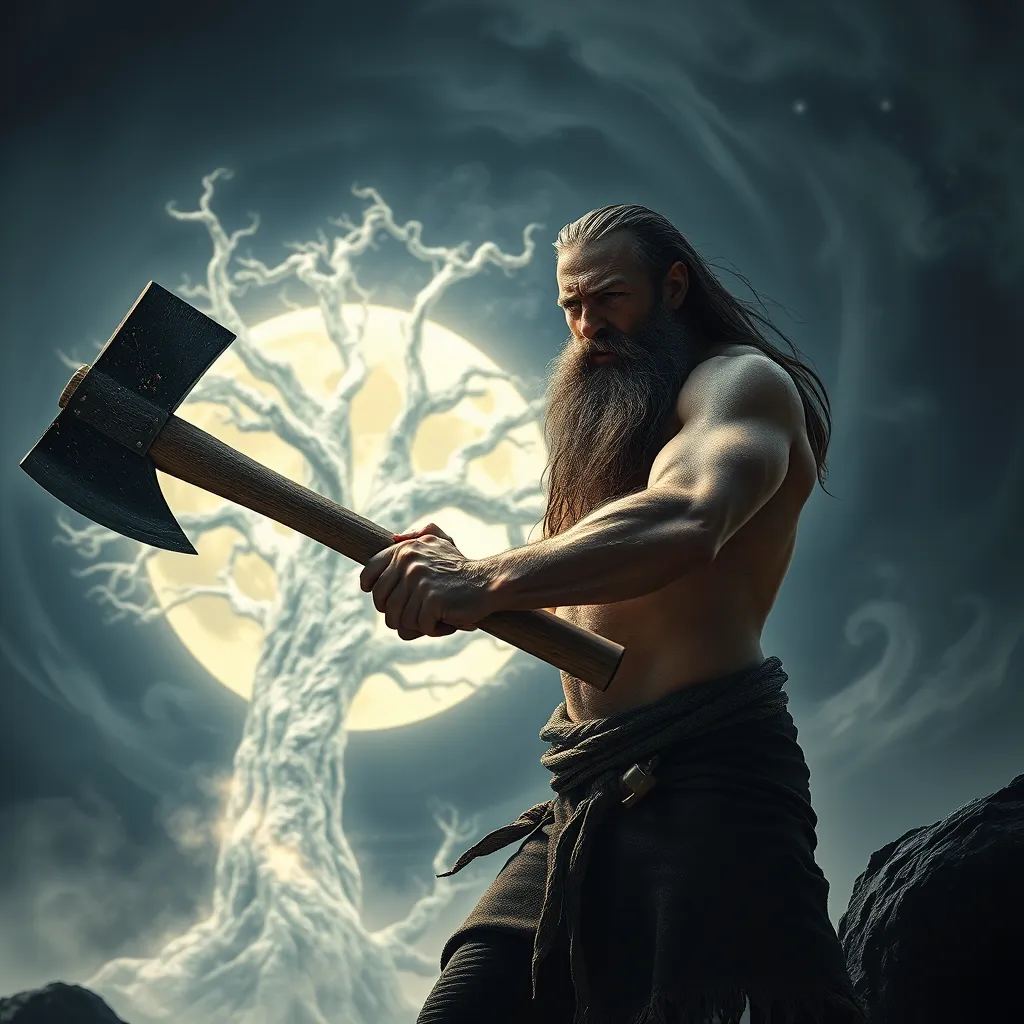A man with a long beard and a determined expression, wielding a large axe, is trying to chop down a giant, glowing silver tree on the moon. The moon is illuminated by the tree's light, which creates an ethereal glow. The man is sweating and exhausted, yet he continues to chop with relentless determination. The tree is surrounded by a mystical, swirling mist.