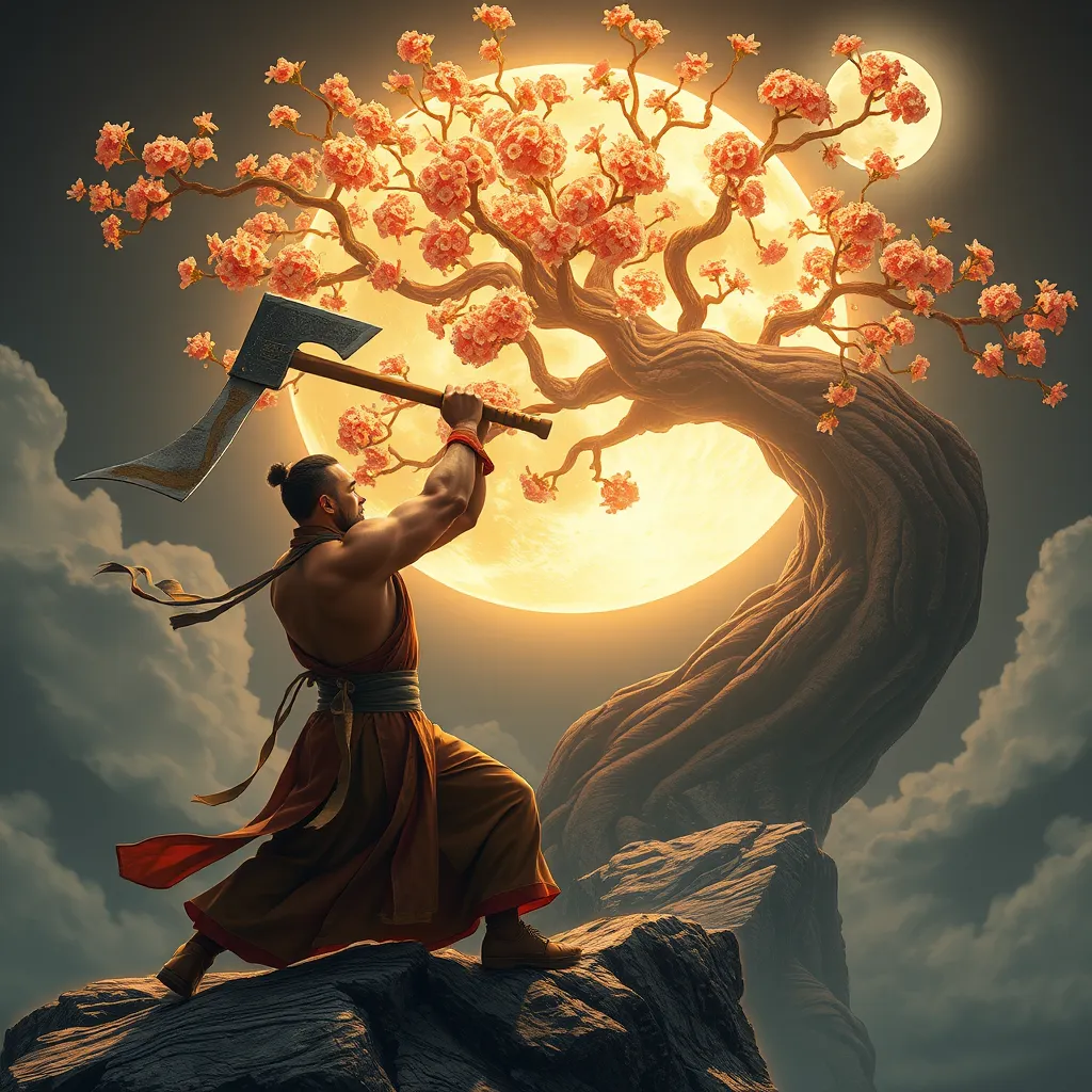 A muscular man, dressed in traditional Chinese clothing, swinging a large axe with both hands, trying to chop down a giant cinnamon tree on the moon. The tree is glowing with a soft, warm light, and its branches are adorned with delicate flowers. The moon is illuminated by a faint light, and the scene is filled with a sense of serenity and hope.