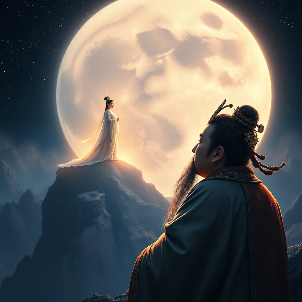 A painting of Tang Xuanzong gazing in awe at a beautiful, ethereal Chang'e standing on the moon, bathed in soft moonlight. The background should depict a vast, starry sky and a distant, glowing Earth. The image should convey a sense of mystery and wonder about the moon.