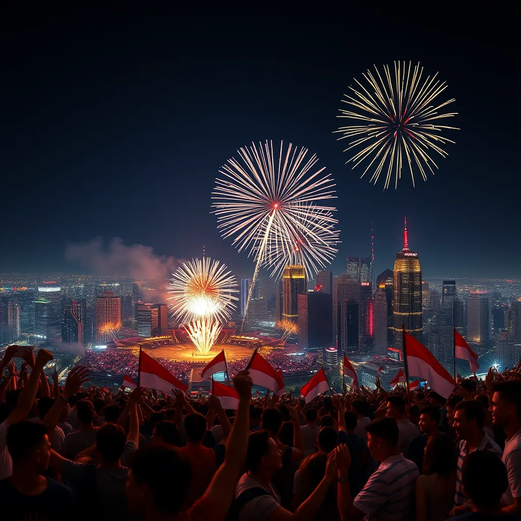 A panoramic view of a city skyline with a fireworks display over a crowd of people celebrating. The crowd is waving flags and smiling, and there is a festive atmosphere. The image should be brightly lit and colorful, with the fireworks and the city skyline as the focal points of the image.