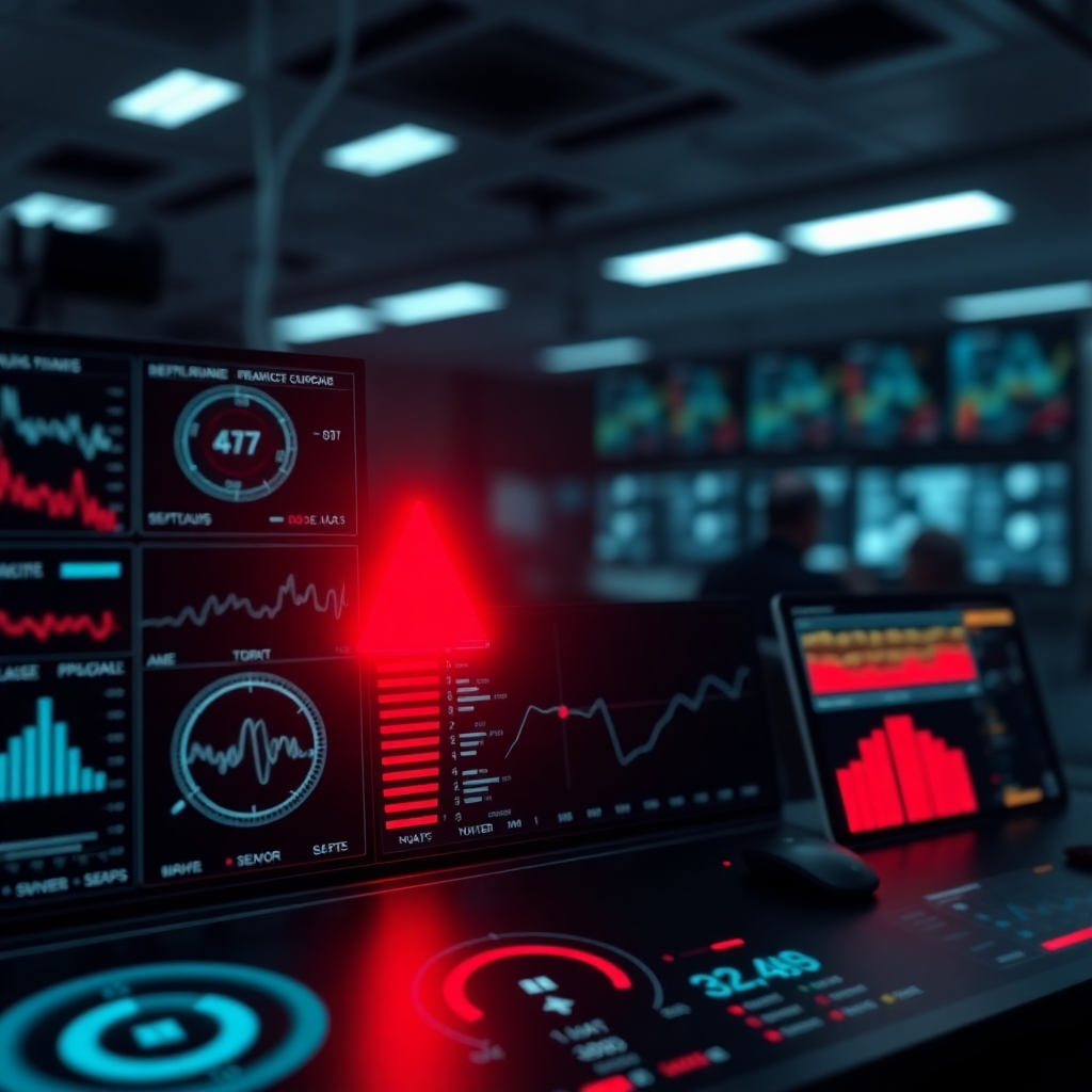 A photorealistic image depicting a digital dashboard displaying various sensor data points, with a prominent red alert flashing, indicating an imminent threat. The background should show a control room with blurry technicians monitoring screens. The overall mood should be tense but controlled, emphasizing the urgency of the alert.