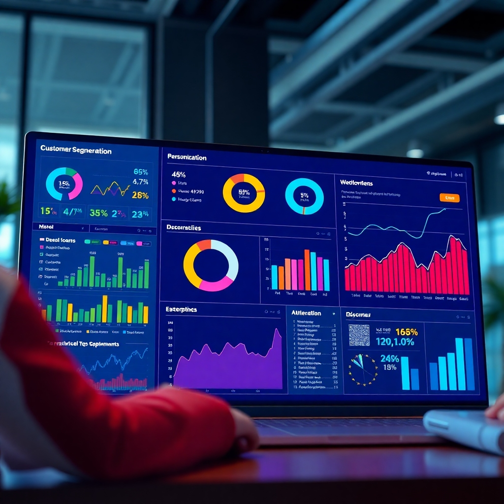 A photorealistic image depicting a sophisticated data visualization dashboard showing customer segmentation and targeted marketing campaigns. The dashboard should use vibrant colors and clear infographics to illustrate the effectiveness of AI-driven customer segmentation and personalization.  The background should subtly hint at a professional marketing setting.  Include elements like graphs, charts, and maps showing customer demographics, behavior, and campaign performance.