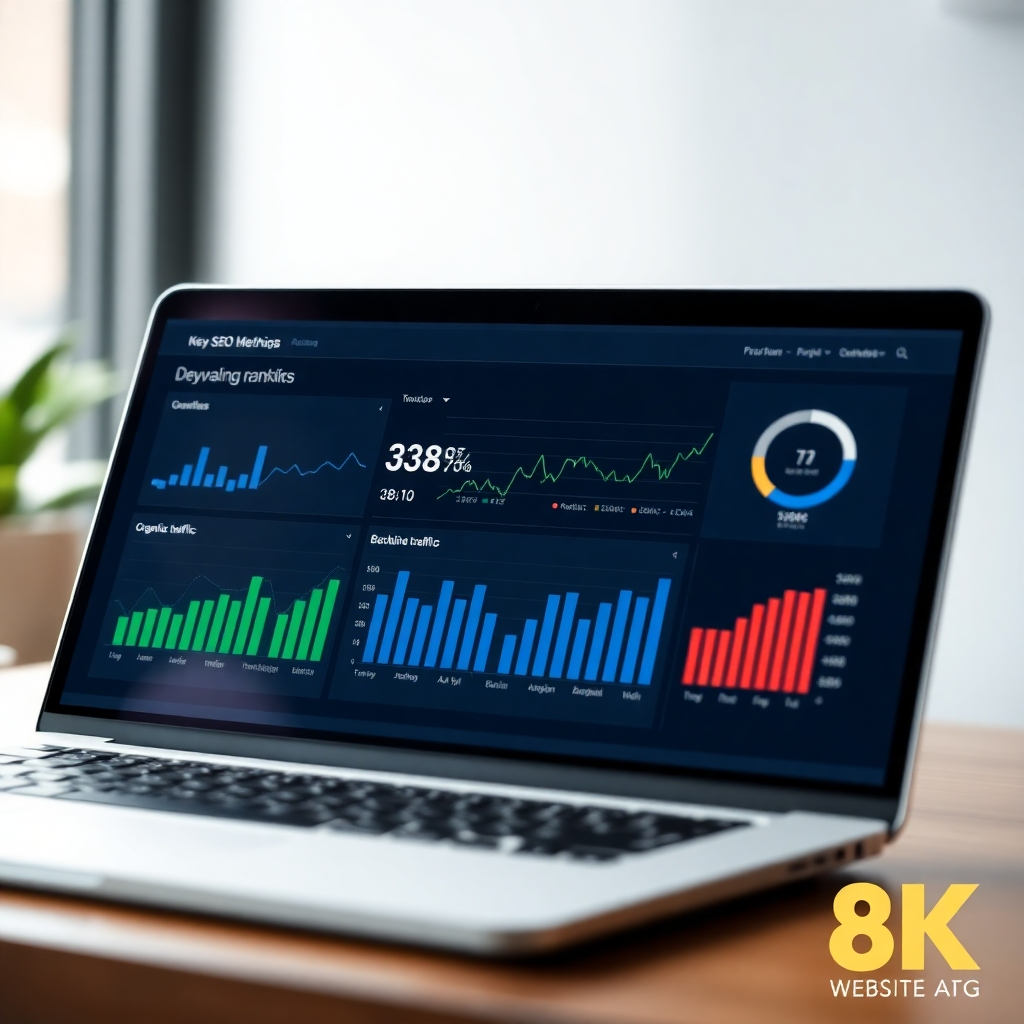 A photorealistic image depicting a dashboard displaying key SEO metrics, such as keyword rankings, organic traffic, and backlink profiles. The dashboard should be clean, modern, and easy to understand, with data visualizations such as charts and graphs.  The overall feel should be one of data-driven insights and optimization. In the background, a blurred image of a laptop screen showing a website with high search engine rankings should be visible. The image should subtly incorporate the logo of the website master system.