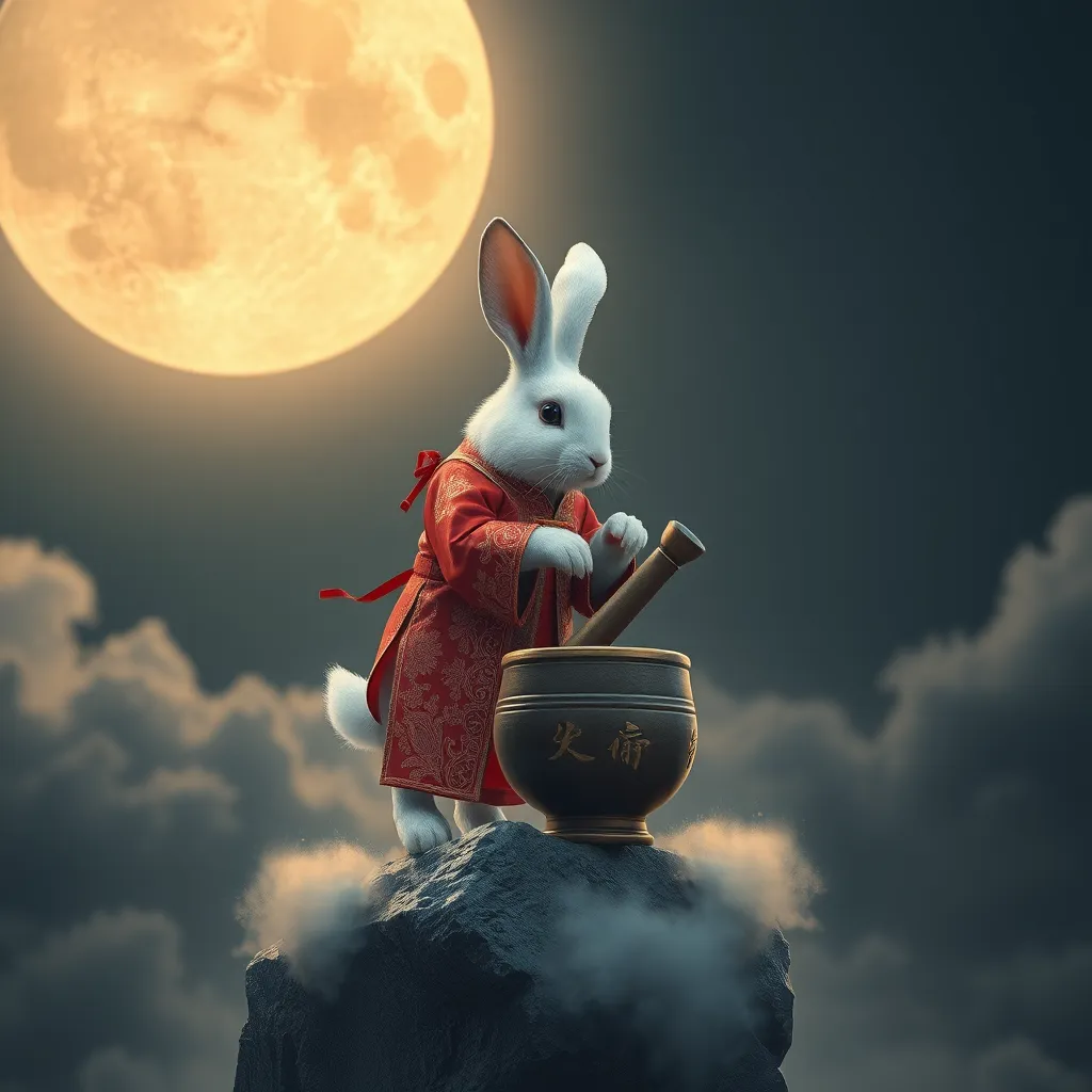 A photorealistic image depicting the mythical scene of a white rabbit, dressed in a traditional Chinese dress, standing on the moon and diligently grinding a mortar and pestle. The moon should be large and illuminated, with a soft glow, surrounded by clouds. The rabbit should be focused on its task, with a determined expression, symbolizing the endless pursuit of longevity and good health.