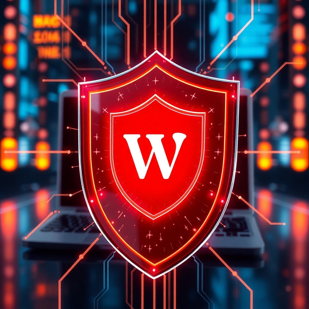 A photorealistic image depicting a digital shield protecting a website from various cyber threats, such as viruses, malware, and hacking attempts. The shield should be visually impressive, with glowing energy fields and advanced technological elements. The website in the background should be depicted as a secure and well-protected asset. The overall mood should be one of security and protection.  The logo of the website master system should be subtly integrated into the shield's design.