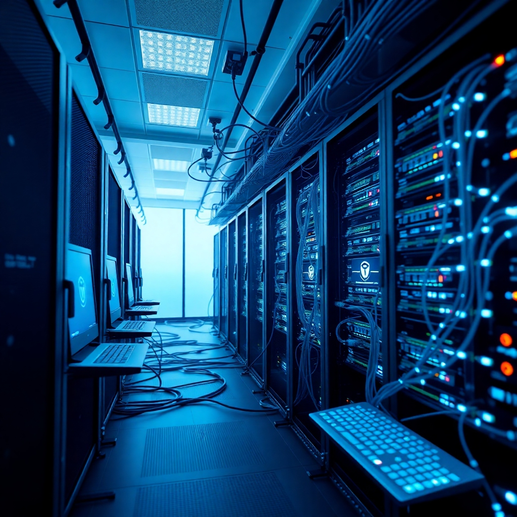 A photorealistic image depicting a secure server room with multiple computers connected to a central server via fiber optic cables. The image should emphasize data encryption and security features such as firewalls and intrusion detection systems.  The overall mood should be one of security and reliability. Include visual elements such as glowing blue data streams and security logos.