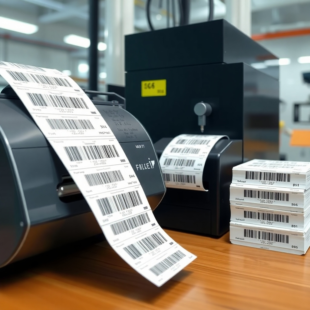 A photorealistic image of a barcode printing system rapidly printing numerous barcodes onto labels, showcasing a high-speed printer with a stack of printed labels neatly beside it.  The scene should be bright and clean, emphasizing speed and efficiency. Include clear details of the printer and labels, showcasing high-quality printing.