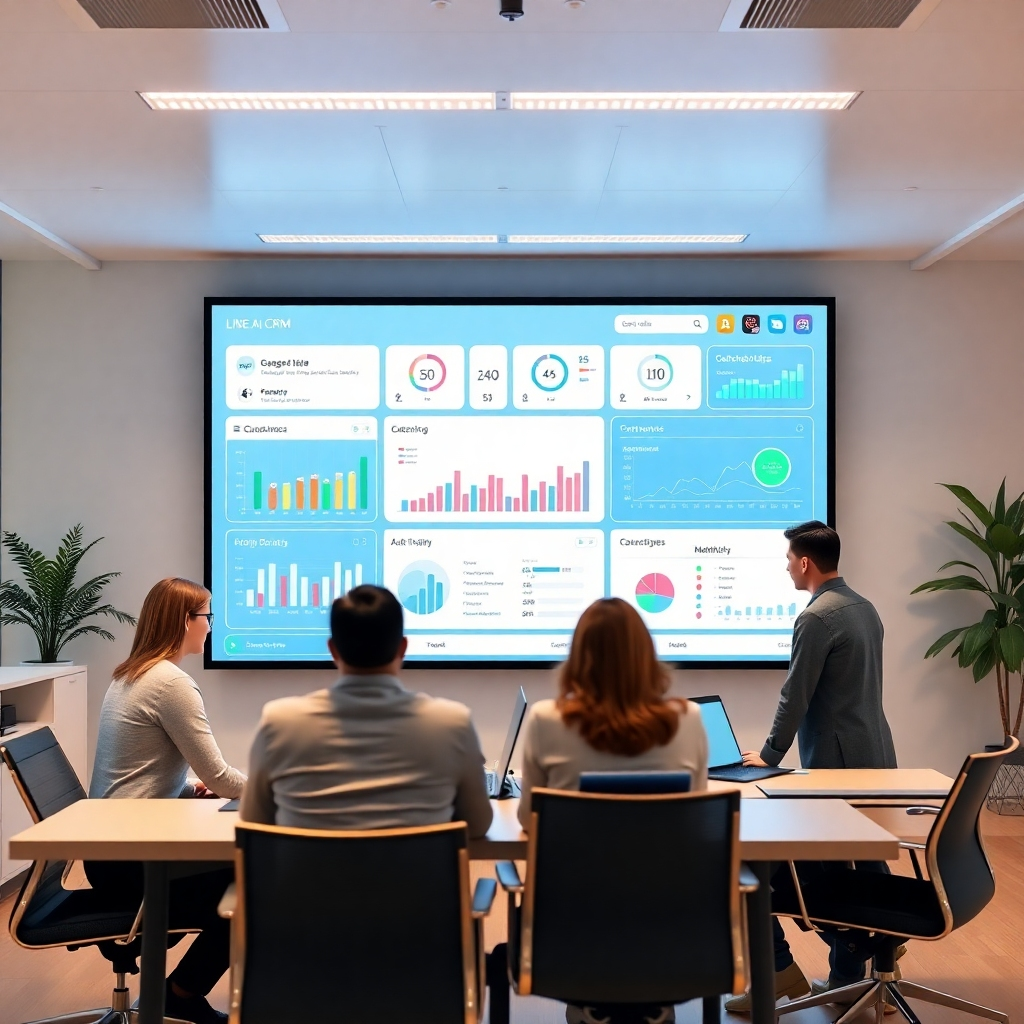 A photorealistic image of a modern, clean office space with a large screen displaying a dynamic LINE AI CRM dashboard showing real-time customer data, interactions, and automated workflows.  The dashboard should be visually appealing and easy to understand, with clear visualizations of key metrics. The office should be bright and modern, suggesting efficiency and innovation. Include elements like a team of professionals collaborating around the screen, subtly hinting at teamwork and engagement.