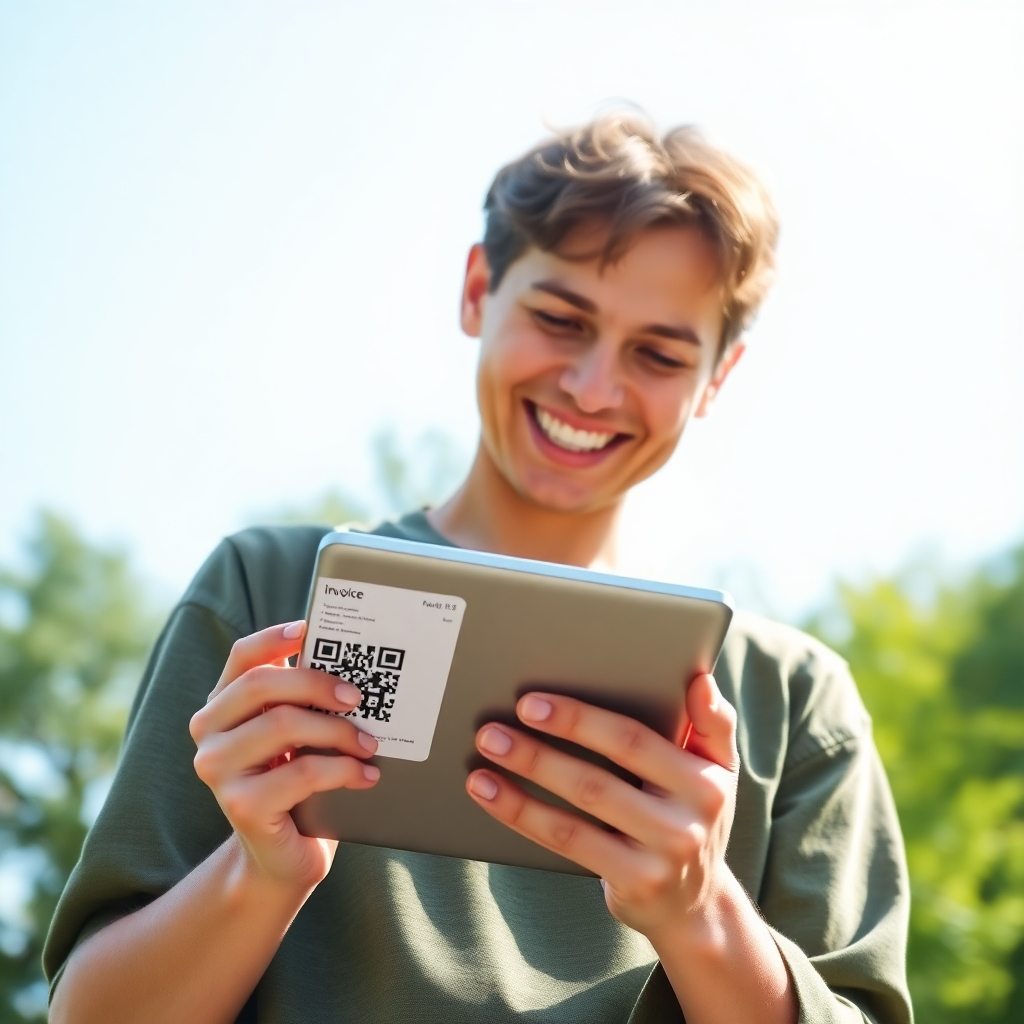 A photorealistic image of a person smiling while using a tablet to scan a QR code for an e-invoice, with a background showing lush green trees and a clear blue sky. The image should emphasize the environmentally friendly aspect of using e-invoices.