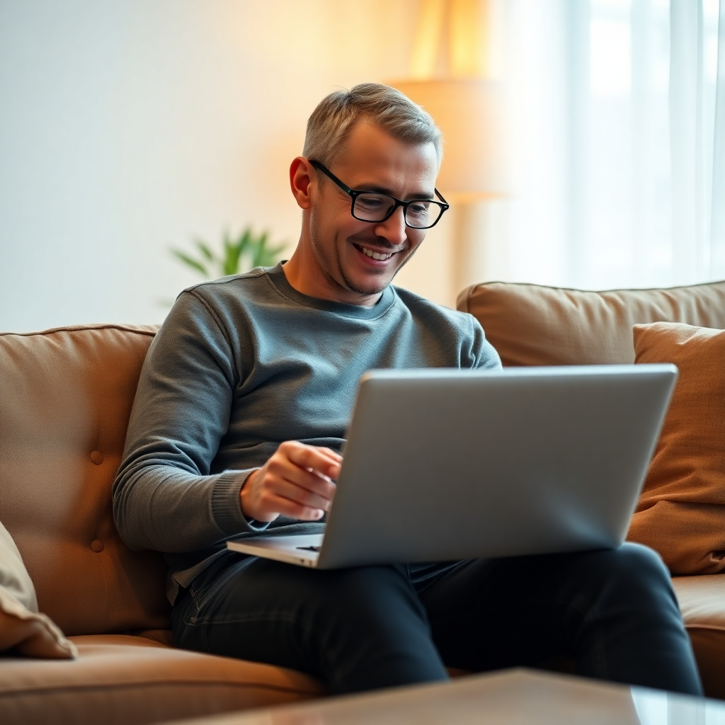 A photorealistic image of a person sitting comfortably at home, using a laptop to easily check their e-invoice information and tax details. The image should convey a sense of convenience, simplicity, and efficiency.  Focus on the user's relaxed and happy expression.