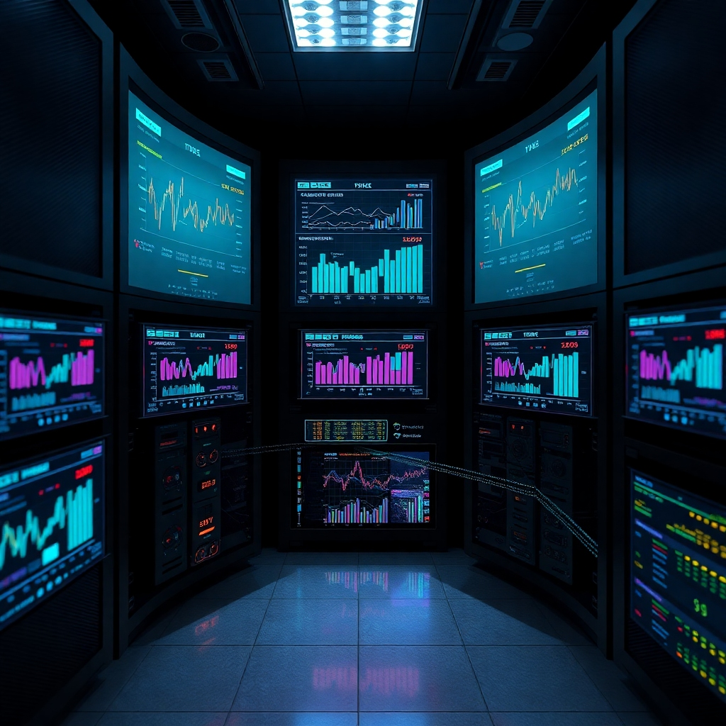 A photorealistic image of a secure server room with multiple computers and servers displaying data charts related to e-invoice transactions. The image should convey a sense of security, reliability, and data integrity. Include visual elements that represent data encryption and access control.