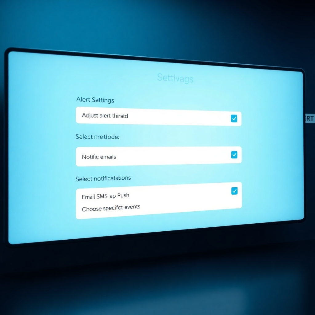A photorealistic image of a user interface showing customizable settings for an alert system.  The screen should clearly display options for adjusting alert thresholds, selecting notification methods (email, SMS, app push), and choosing specific events to monitor.  The overall design should be clean and intuitive.