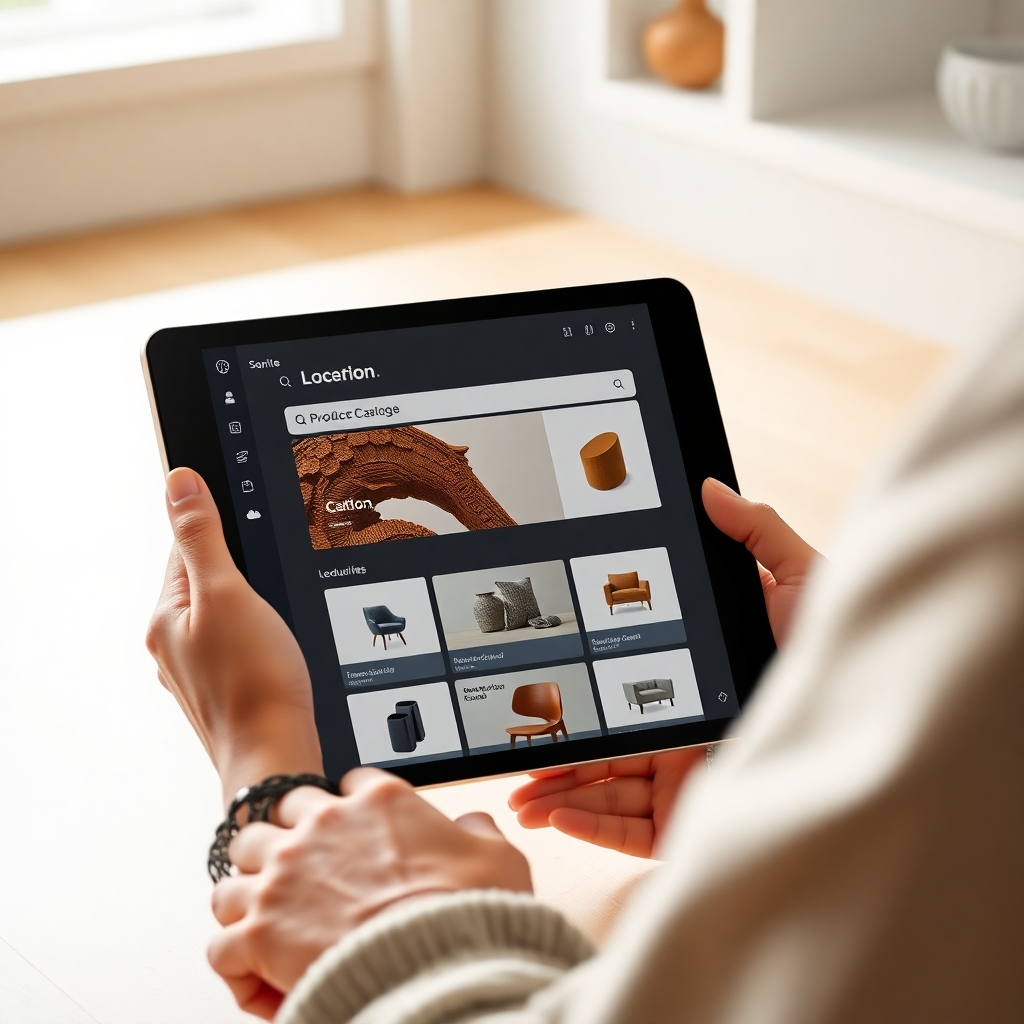 A photorealistic image of a user easily navigating a digital product catalog on a tablet or laptop. The interface should be intuitive and user-friendly, with a clean design and a prominent search bar.  The image should emphasize the ease of use and the quick access to product information.  Highlight a minimalist design with clear typography.