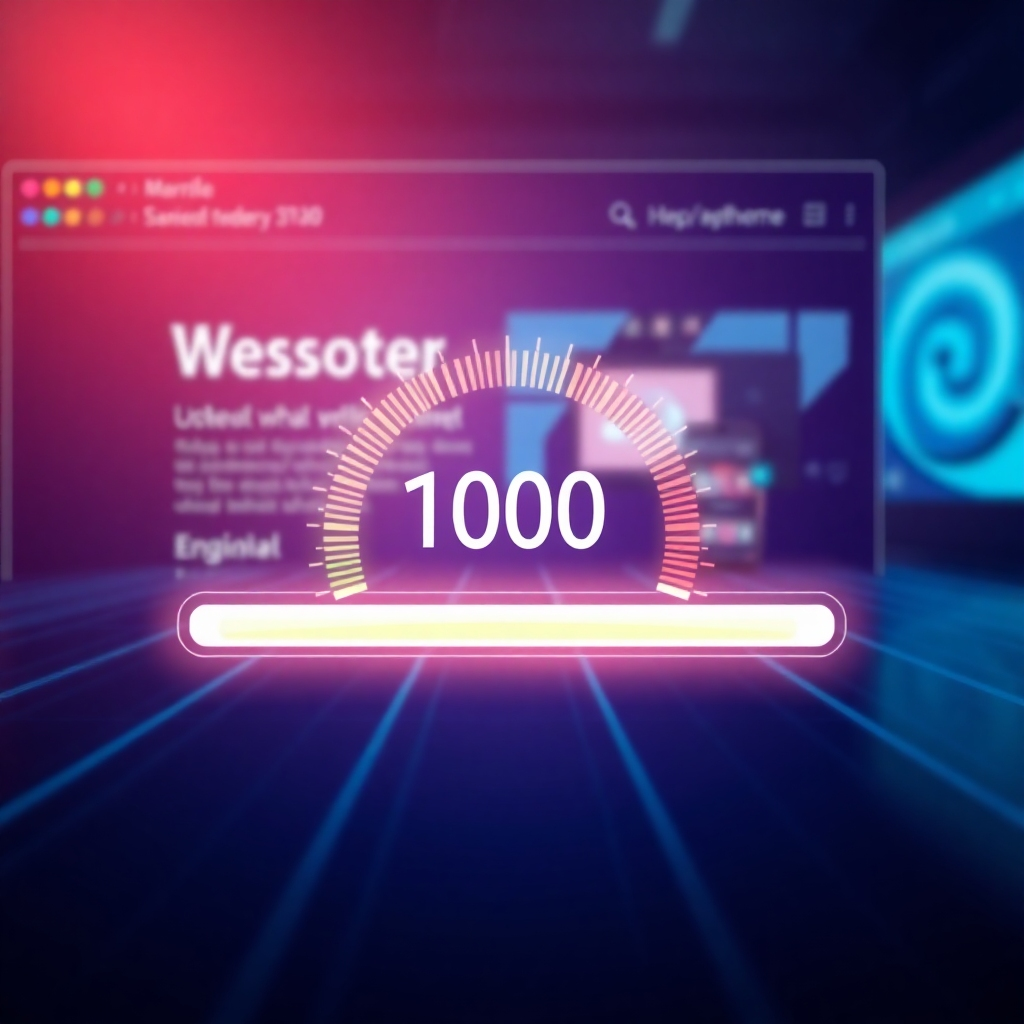 A photorealistic image of a website loading incredibly fast, with a progress bar reaching 100% in a fraction of a second.  The background should show a sleek, modern website interface with clean typography and vibrant colors.  The overall mood should be one of speed and efficiency. The image should include a subtle graphical element suggesting the 'website master system' at work.