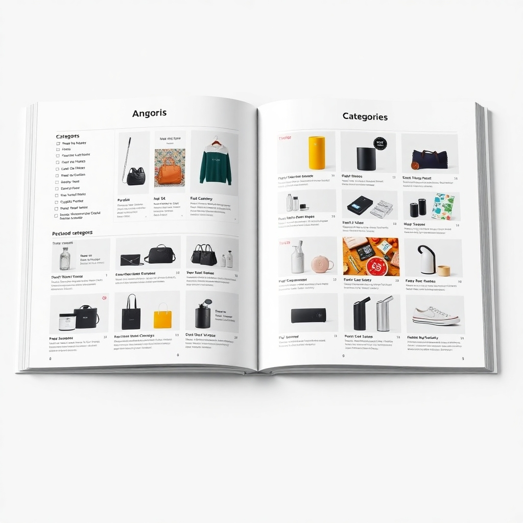 A photorealistic image of a well-organized product catalog, showcasing clear categories and subcategories with high-quality product images.  The layout should be clean, modern, and easy to navigate.  Use a neutral color palette with pops of brand color. The catalog should be open to a page displaying a diverse range of products, clearly labeled with their names and brief descriptions.