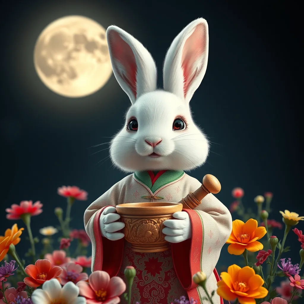 A photorealistic image of a white rabbit wearing a traditional Chinese dress, with a gentle expression, holding a mortar and pestle, surrounded by colorful flowers and a beautiful moon in the background. The rabbit should be smiling and looking happy, emphasizing its kindness and helpfulness.