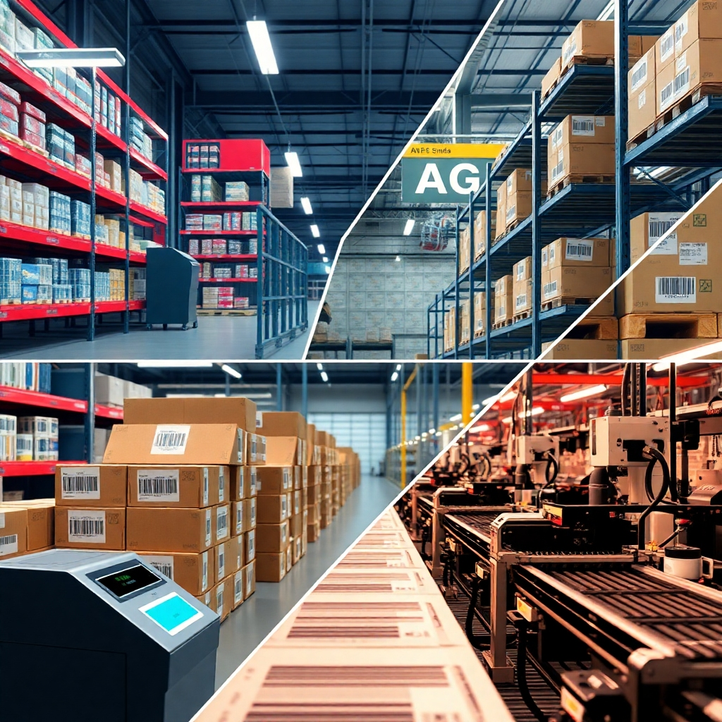 A photorealistic image showcasing various applications of a barcode printing system across different industries.  For example, show a retail store using barcodes for inventory, a warehouse with barcode labels on boxes, and a manufacturing facility using barcodes in a production line.  The image should emphasize the versatility and wide-ranging applications of the system.
