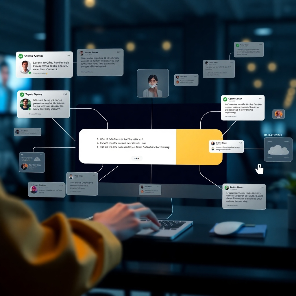 A photorealistic image showcasing a seamless omnichannel customer communication experience. The image should depict a user interacting with a brand through various channels (LINE, email, website chat, etc.) simultaneously, with all interactions displayed in a unified and organized manner within the LINE AI CRM interface. The design should emphasize a smooth, unified experience, free of friction between channels.  The user interface should be visually intuitive and modern.