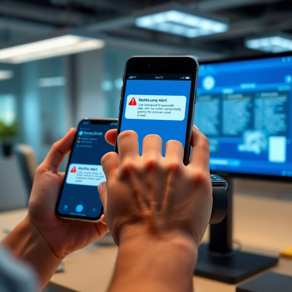 A photorealistic image showing a person receiving an alert notification on their smartphone, smartwatch, and computer simultaneously. The notifications should be visually similar and clearly indicate the same emergency alert. The background should be a modern office setting to illustrate everyday use.