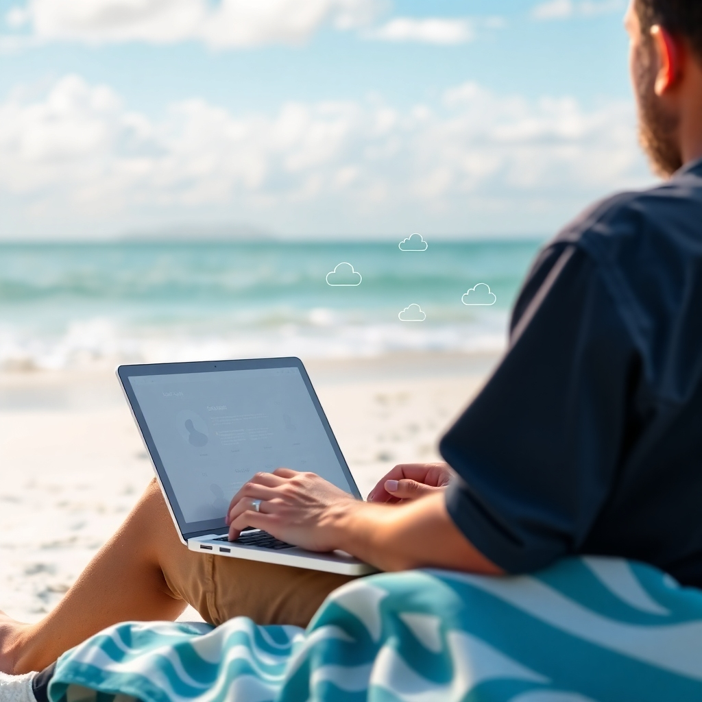A photorealistic image showing a person using a laptop on a beach, seamlessly accessing data from the cloud.  The image should illustrate convenience and accessibility through a calming beach scene and the person working comfortably on a laptop. The image needs to be bright, with vibrant colors, emphasizing the ease of access to cloud data through a clear, user-friendly interface.