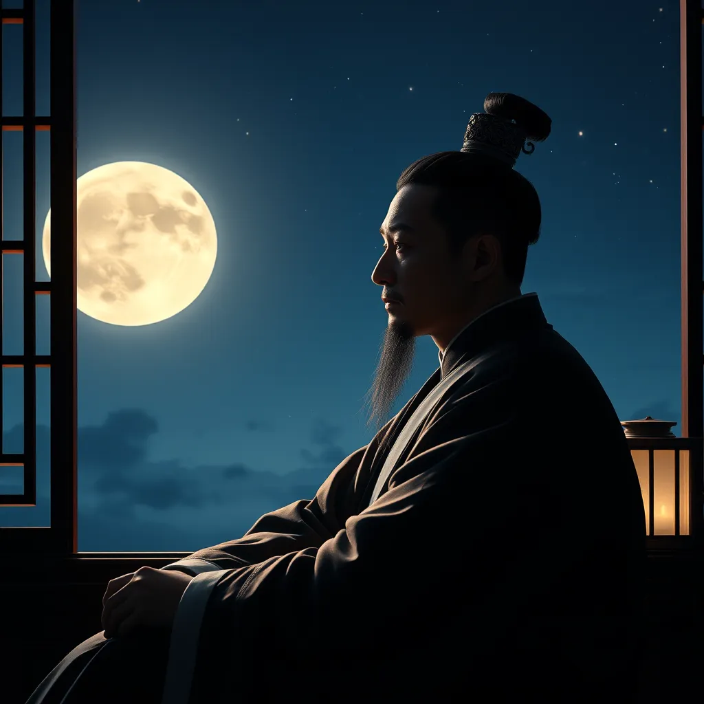 A portrait of Tang Xuanzong sitting by a window, gazing at a full moon in the night sky, with a wistful expression on his face. The scene should evoke a sense of longing and reflection on the beauty of the natural world, and the ephemeral nature of dreams.