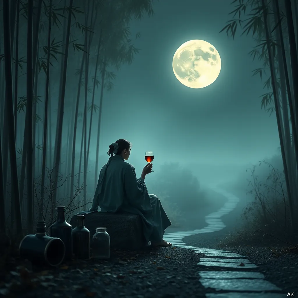 A solitary figure, dressed in flowing robes, sits beneath a full moon, holding a wine cup and gazing into the distance, surrounded by a soft, ethereal glow.  A few empty wine jars and a scattering of leaves are scattered around them. The scene is set in a bamboo forest, with a meandering path leading off into the distance.