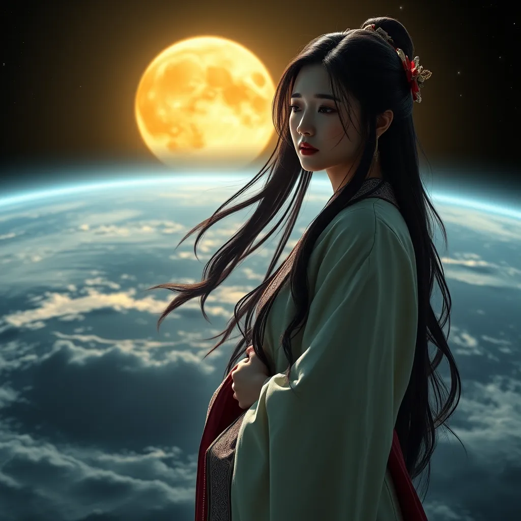 A woman in ancient Chinese clothing, with long black hair and a sorrowful expression, standing on the moon, looking down at Earth with a longing and tearful gaze. The Earth is in the background, with a bright, golden moon reflecting light on the water. The woman is surrounded by a soft, ethereal glow. 