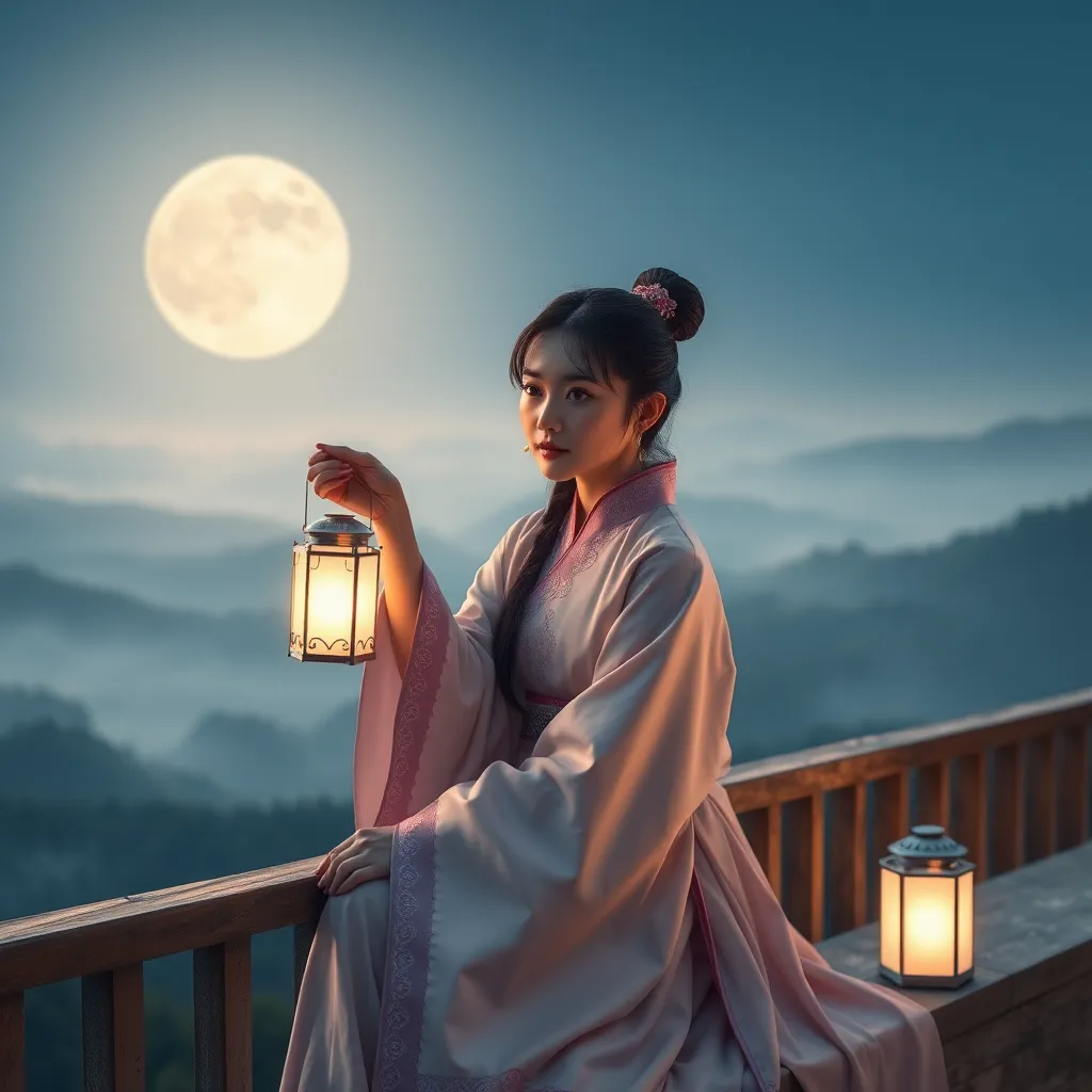 A young woman in traditional Han Chinese clothing sits alone on a moonlit balcony, looking out at a vast, empty landscape. Her expression is melancholic, and she holds a small, white lantern in her hand. The lantern is lit, and its soft glow illuminates her face. The background is a vast, moonlit landscape with rolling hills and a distant forest.