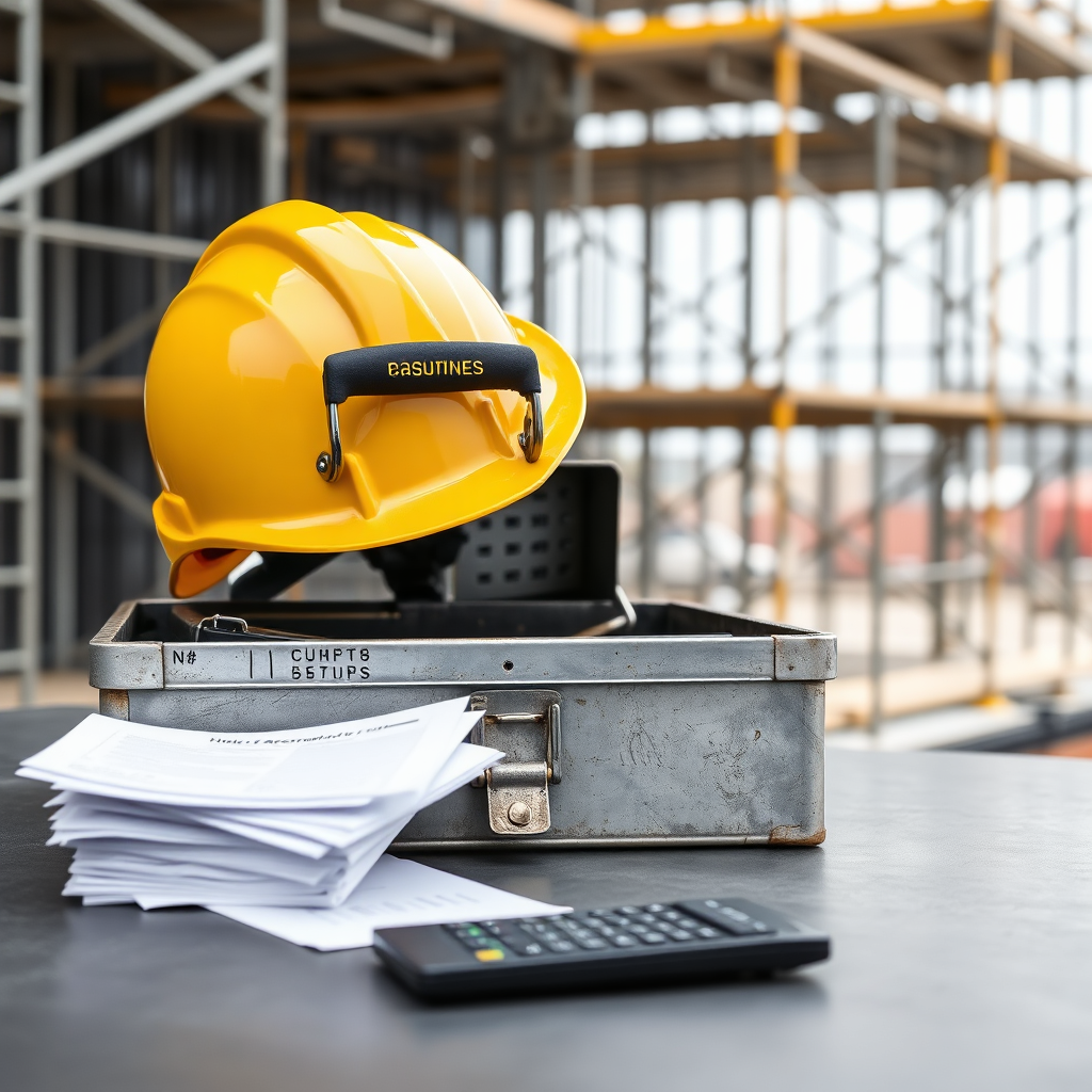 Illustration-style image of a builder helmet and toolbox with clean flat UK construction vibe