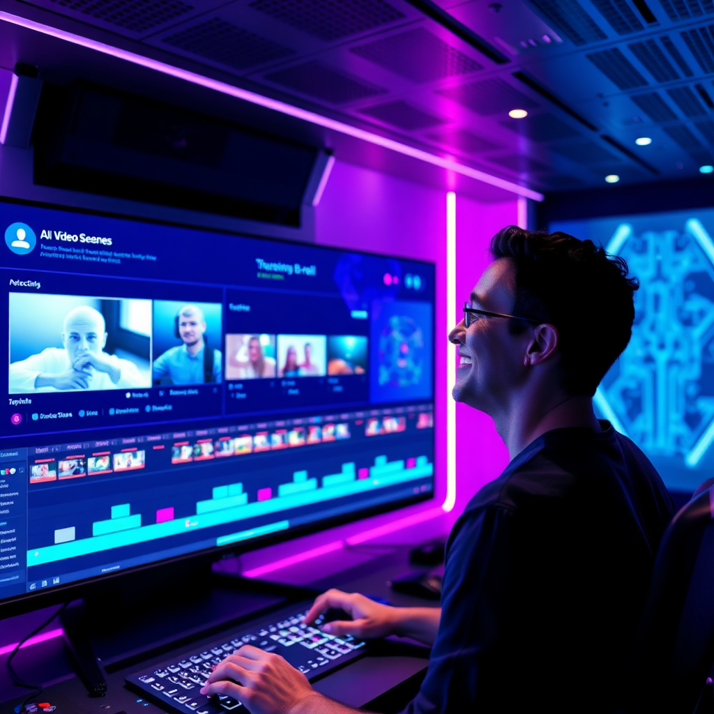 AI video editing suite with futuristic interfaces and efficient workflows