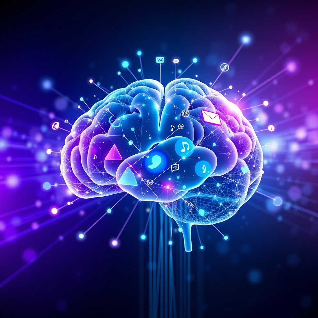 Abstract representation of an AI-powered second brain system with interconnected nodes and data streams.