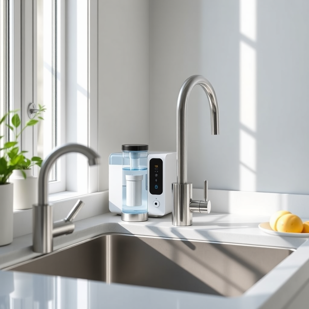 LeveLuk JRIV compact ionizer in a modern kitchen setting with calm aqua tones