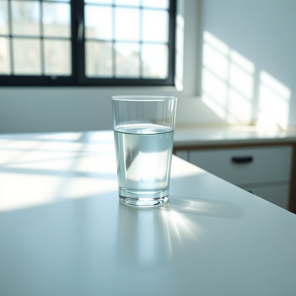 A calm, minimal scene of a glass of water with gentle aqua reflections and lab-wellness mood