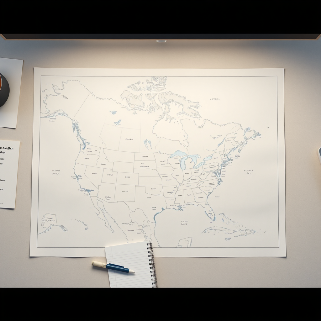 A clean, stylized map-like graphic showing Canada and USA coverage in a refined minimal design