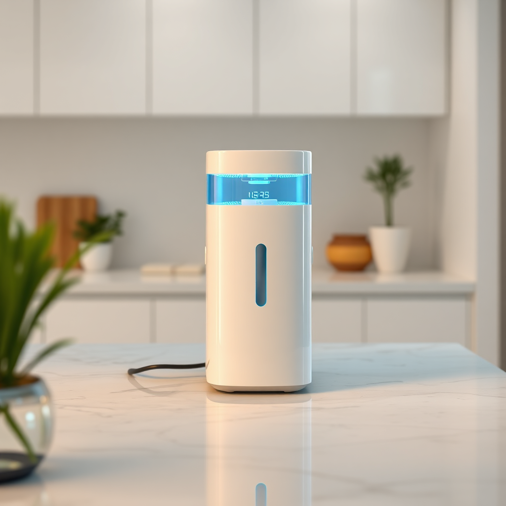 Premium water ionizer device on a minimal surface with soft aqua reflections