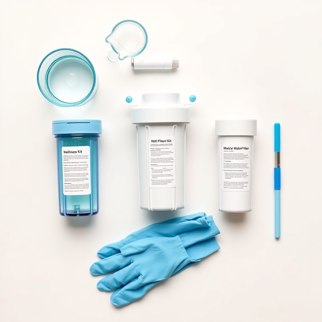 Premium replacement filter kit arranged neatly with lab-like cleanliness and aqua highlights