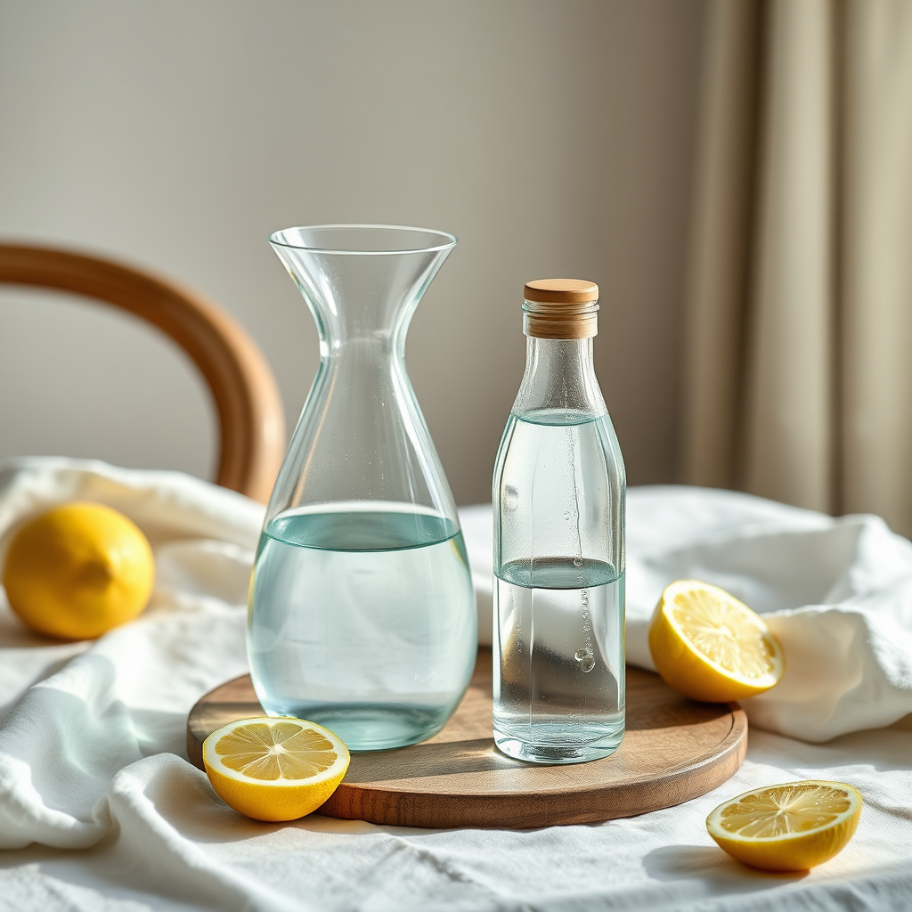 A minimalist wellness lifestyle scene featuring water, glassware, and soft natural light in aqua tones