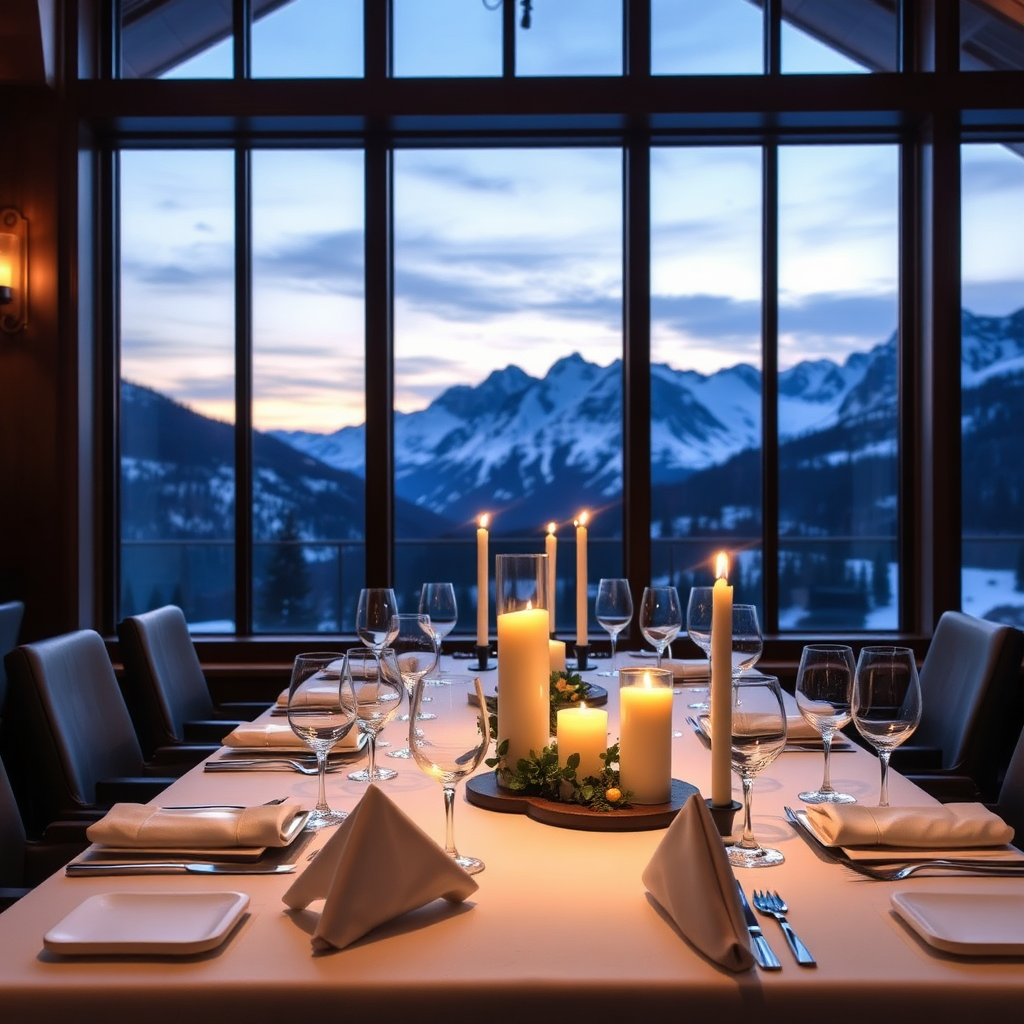 Fine dining setup with mountain views
