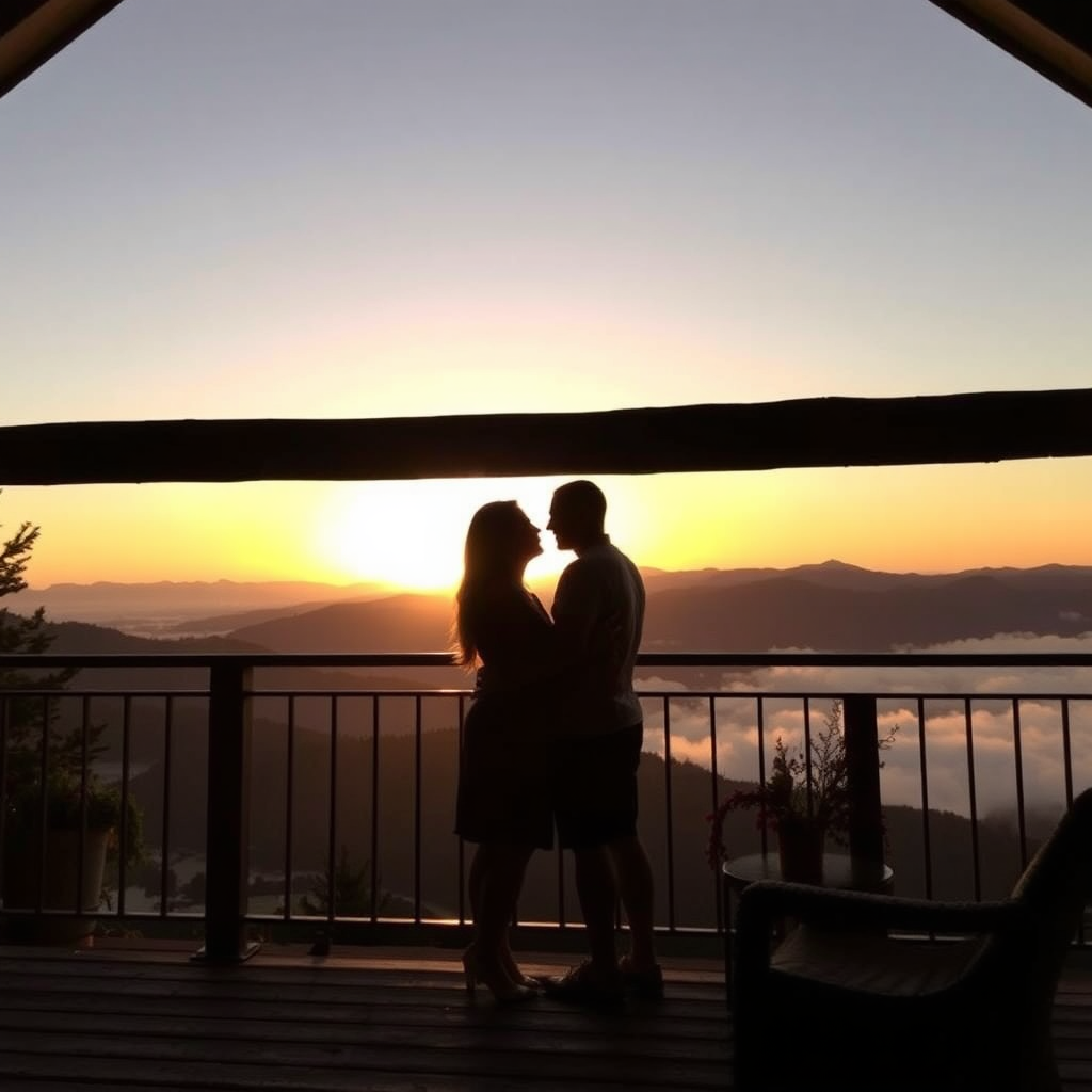 Couple enjoying a mountain sunrise from their cottage balcony