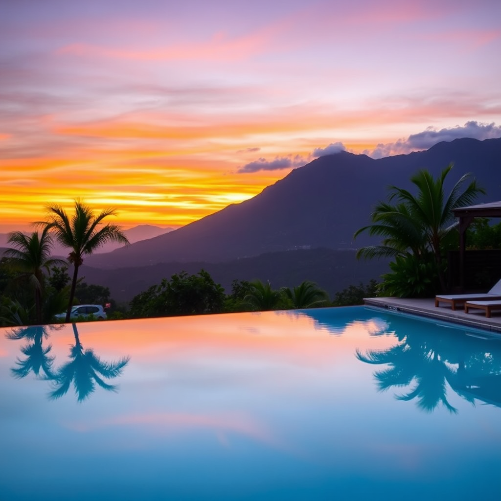 Infinity pool overlooking mountains at sunset