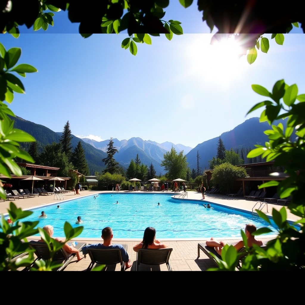 Resort pool area with mountain views
